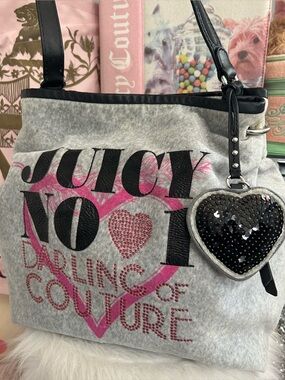 Vintage Juicy Couture Grey Velour Bling No.1 Darling Of Couture Large Hobo Bag